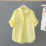Cotton Short-Sleeved Solid-Colored Shirt Women 2025 Summer New Outer Shirt Design Sense Double Pocket Loose Thin Top Woman HZ1208