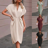 Dress V-Neck Temperament Elegant Irregular Sleeves Of Pure Color Bag Dress HZ1208