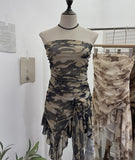 Solid Shot Tie Net Yarn Printing Irregular Ribbon Three-Dimensional Flowers Small Man With Chest Short Skirt Dress Dress 6652 HZ1208