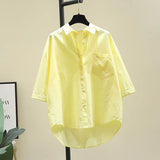 Yellow Simple Spring And Summer Thin Cotton Short-Sleeved Shirt Women Fashion Loose Long Pocket Shirt Shirt Women HZ1208