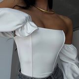 Fashion Sexy Hottie Body Fish Bone Bra Splicing Bubble Sleeve Niche Design Long-Sleeved Corset HZ1208