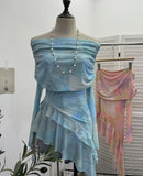 Sweet And Spicy Shoulder Dyed Printing Mesh Long-Sleeved Coat Folds Irregular Ribbon T-Shirt 9997 HZ1208