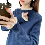 New Half-High Collar Sweater In Autumn And Winter 2025 Women Loose Outer Wear Lace Stitched Knitted Bottom Shirt Tide HZ1208