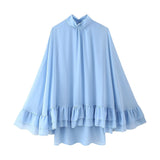 INS Blue Chiffon Half-High Collar Horn Sleeve Dress Loose Miniskirt HZ1208