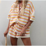 25 Spring And Summer New Women's Explosive Wool Jersey Collar Striped Short-Sleeved Shorts Set HZ1208