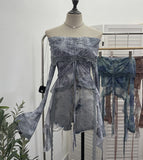 Small-Sized Old-Fashioned Green Shoulder Horn Sleeve Blouse Dye Net Yarn Lace Draw Rope Short T-Shirt 8010 HZ1208