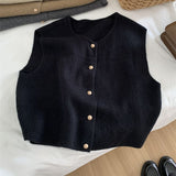 Gentle Line Single Row Small Gold Button Round Collar Knitted Vest Cardigan Woman Sleeveless Shoulder Vest Top HZ1208