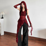 2025 New Halloween Cos Red Collar Hooded T-Shirt Women's Lotus Side Irregular Sleeves Thin Top HZ1208