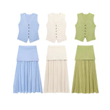 Summer New Undecorated Knitted Vest Knitted Folding Splicing Skirt Set HZ1208