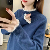 New Half-High Collar Sweater In Autumn And Winter 2025 Women Loose Outer Wear Lace Stitched Knitted Bottom Shirt Tide HZ1208