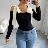Black Long-Sleeved Girl Slimming-Word Shoulder-Cloth T-Shirt HZ1208