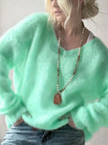 Soft Glutinous V-Neck Long-Sleeved Sweater Woman 2025 Autumn And Winter Cover Solid Color Lazy Wind Loose Knitted Shirt Top HZ1208