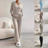 Autumn And Winter New Women's Pure Color V-Neck Loose Blouse Casual Straight Trousers Pit Two Sets HZ1208
