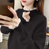 New Half-High Collar Sweater In Autumn And Winter 2025 Women Loose Outer Wear Lace Stitched Knitted Bottom Shirt Tide HZ1208