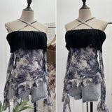 Real Shot Shoulder Cross Hanging Neck Knitting Mesh Yarn Coat Irregular Ribbon Horn Long-Sleeved T-Shirt 1101 HZ1208