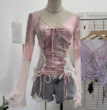 Design Lace Splicing Long-Sleeved T-Shirt Women's Bow Strap Hollow Irregular Blouse 6179 HZ1208