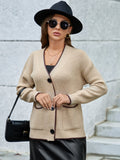 Temperament V-Neck Long-Sleeved Open-Shirted Women's Sweater Bump-Colored Bag Side With Pocket Casual Coat HZ1208