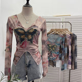 Real Shooting Amount Of Bumpy Tulle Spliced Denim Butterfly Design Sunscreen Coat V Collar Short T-Shirt 1965 HZ1208