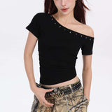 2025 New Black Korean Version Of Irregular Slanted Shoulder Short-Sleeved T-Shirt Girls Summer Design Feel Hottie Repair Body HZ1208