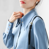 Smog Blue Sharp Collar Shirt Woman 2025 Spring And Autumn Design Small Commuting Professional Shirt Vinegar HZ1208