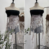 Real Shot Shoulder Cross Hanging Neck Knitting Mesh Yarn Coat Irregular Ribbon Horn Long-Sleeved T-Shirt 1101 HZ1208