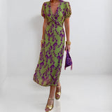 Women's Dress 2025 New Temperament Fashion Print V Collar Folds To The Waist To Repair The Dress Woman HZ1208