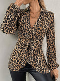 Long-Sleeved Top 2025 Spring New Leopard Print Tie With V-Neck Temperament Long-Sleeved Shirt HZ1208