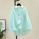 Cotton Shirt 2025 Spring And Autumn Casual Polo Collar Long Sleeve Stripe Loose Retro Stripe Commuting Top Lady HZ1208