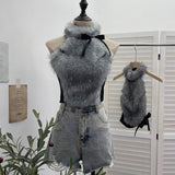 Real-Shot Bow Decorative Hair Splicing Elastic Hanging Neck Vest Outside Wearing Hairy Short Grinding Coat 2791 HZ1208