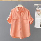 Cotton Short-Sleeved Solid-Colored Shirt Women 2025 Summer New Outer Shirt Design Sense Double Pocket Loose Thin Top Woman HZ1208