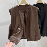 Round Collar Solid Color Sleeveless Leather Vest Coat Women's Autumn 2025 New Korean Fashion Stacked On The Kan Shoulders HZ1208