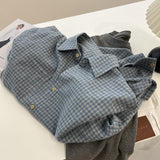Korean Version Of The Retro Grinding Blue Plaid Long-Sleeved Shirt Women 2025 Spring And Autumn New Loose Lazy Wind Outside The Top HZ1208