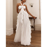 Sexy Women's New Hanging Neck Open Shoulder Lotus Leaves Side Solid Color Dress HZ1208