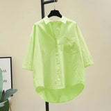 Yellow Simple Spring And Summer Thin Cotton Short-Sleeved Shirt Women Fashion Loose Long Pocket Shirt Shirt Women HZ1208