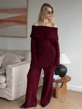 Hot Selling A Word Shoulder Knitted Commuting Set Loose Top Broad Leg Trousers Simple High-Grade Gray Workplace Fashion HZ1208