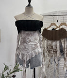 Real Shot Shoulder Cross Hanging Neck Knitting Mesh Yarn Coat Irregular Ribbon Horn Long-Sleeved T-Shirt 1101 HZ1208