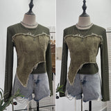 Design Feel Niche Cowboy Splicing Long-Sleeved Mesh T-Shirt Girl Summer Round Collar Dress Short Top 2617 HZ1208