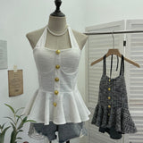 Small Fragrant Wind Coarse Flowers Hanging Neck Sling Vest With Chest Cushions Waist Skirts With Sleeveless Top 2692 HZ1208