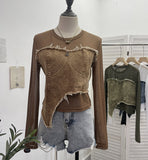 Design Feel Niche Cowboy Splicing Long-Sleeved Mesh T-Shirt Girl Summer Round Collar Dress Short Top 2617 HZ1208