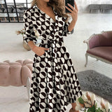 2025 Women's Fashion Print Long-Sleeved V-Neck Bag-Groomed Commuting Dress 661 HZ1208
