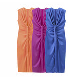 Summer New Three-Colored Fascling V-Neck Wrinkles Dress HZ1208