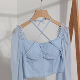 Fang Collar Leak Collar Collar Collar Short Shirt 2025 Spring Dress New Lantern Long-Sleeved Tie With Hanging Neck Shirt Women's Top 8876 HZ1208