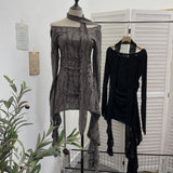 The Dark Waste Soil Wind Makes The Old Hole Hanging Shoulder Hanging With Long Sleeves Irregularly Open Fork T-Shirt Skirt 9295 HZ1208