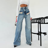 2025 New Cool Trend Splicing Jeans Women High Waist Thin Classic Design Straight Broad Legs HZ1208
