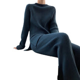 Autumn And Winter Solid Color Round Collar Open Fork Sweater Set Women's Loose Knitting Tops Broad Leg Pants Two Sets HZ1208