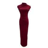 Ceclent Unique Dress With Thin Folds And Hips High-Collar After The Opening Of The Fork Dress 8858 HZ1208