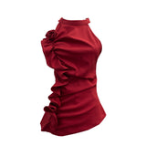 Spicy Design Sleeveless Leaves Three-Dimensional Flower Blouse Atmosphere Slimming Waist 1166 HZ1208