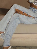 Spiced Jeans Women Loose Mid-Rise Broad Leg Trousers Diamond Spliced Side Hollow Drag Trousers Sexy HZ1208