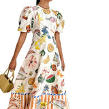 Women's 2025 Ama's New Elegant Fruit Prints Waist-Round Collar Dress Dress Women HZ1208