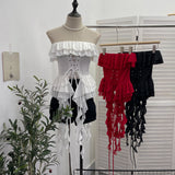 Real Shooting Hottie Belt Lotus Side Splicing Lace Bra Vest Word Shoulder Ribbon Short Coat 8013 HZ1208